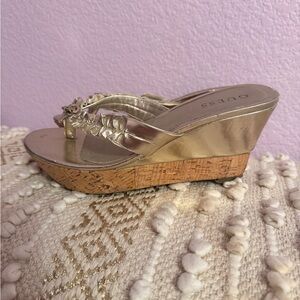 GUESS Metallic Gold Cork Wedge Thong Sandals